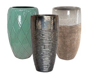 3 tall pottery pots in different colors